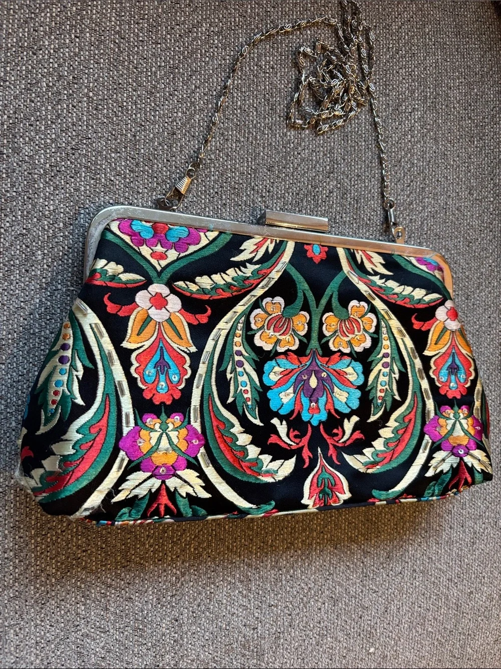 Embroidered Black Floral Frame Clutch with Chain